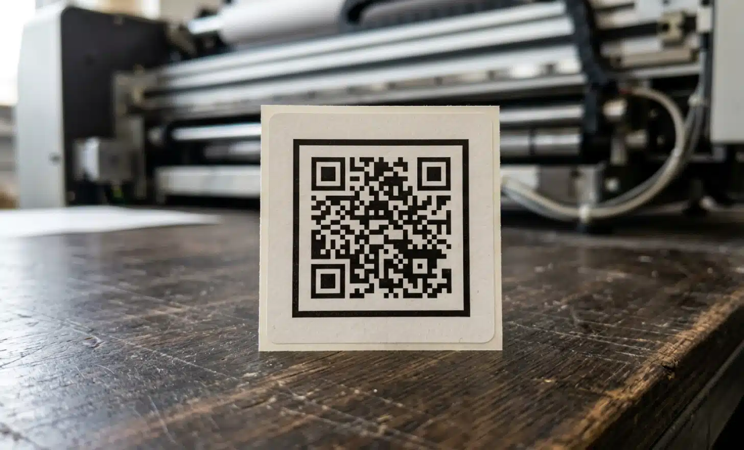 Macro close up of a freshly printed square code label on a print shop bench.