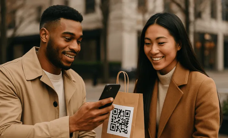Man and woman scanning a QR code on a shopping bag in an outdoor city setting