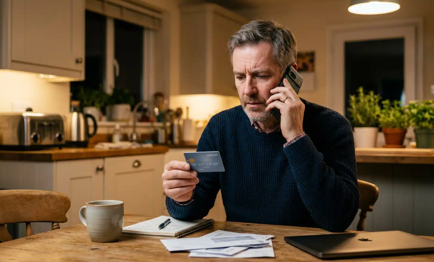 Man at a kitchen table making a phone call while holding a credit card.