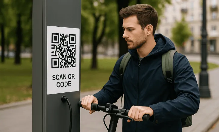 Man at an electric scooter charging station looking at a QR code in an urban park