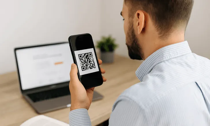 Man scanning a QR code in a professional setting with a laptop in the background