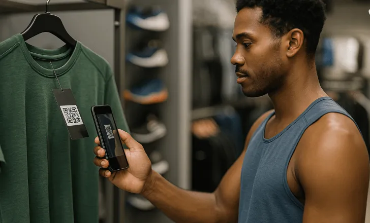 Man scanning a QR code on a clothing tag in a sportswear store