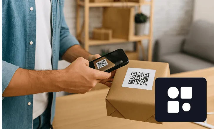 Man scanning a QR code on a paper package in a modern workspace, with the QRCodeKIT icon displayed on-screen