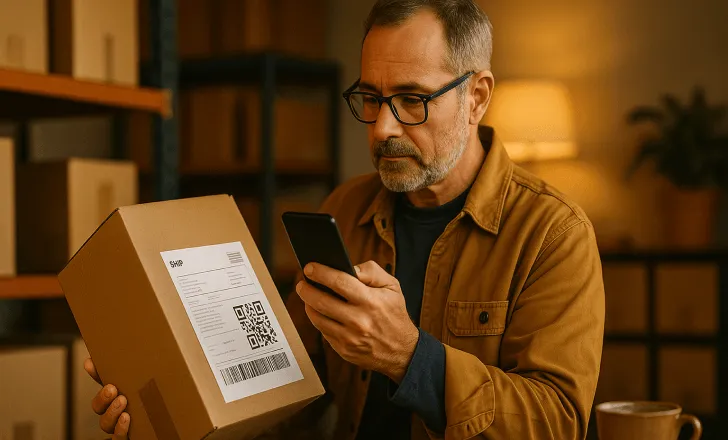 Man scanning a QR code on a shipping box in a softly lit warehouse