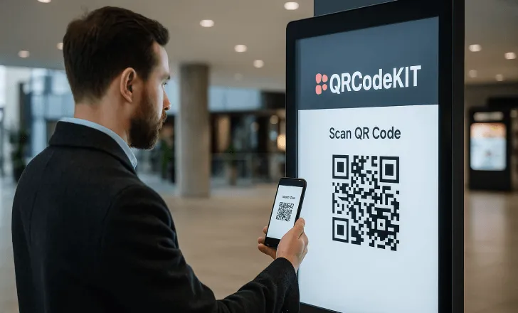 Man scanning a dynamic QR code on a digital kiosk with QRCodeKIT branding in a bright public space