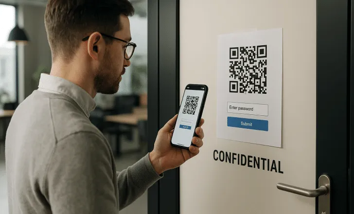 Man scanning a password-protected QR code labeled confidential on an office door