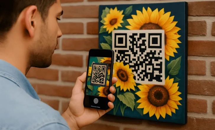 Man scanning a sunflower-themed artistic QR code on a painting mounted on a brick wall.