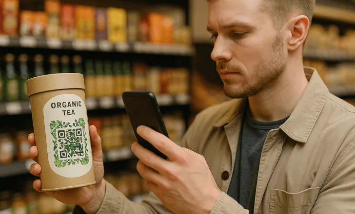 Man scanning an artistic QR code on organic tea packaging with his smartphone in a grocery store.