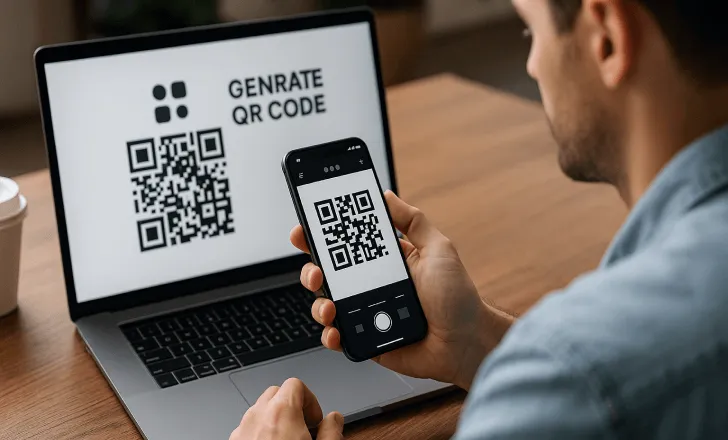 Man using smartphone and laptop to generate a QR code in a public workspace, with QRCodeKIT icon on screen