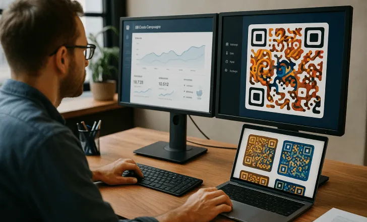 Marketer managing AI QR code campaigns on multiple screens showing analytics and artistic QR designs in a modern office.