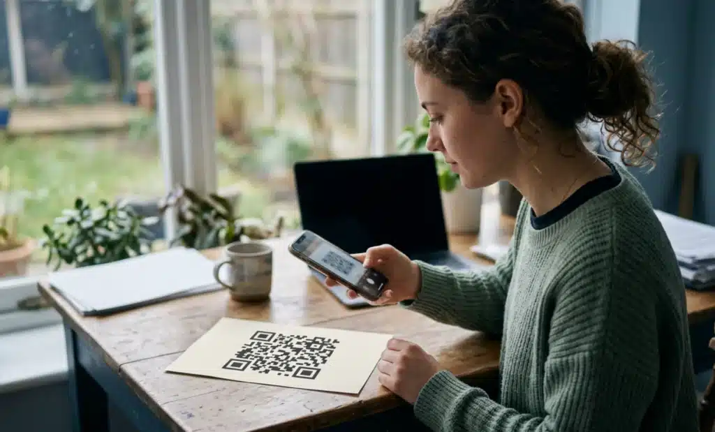 Marketer testing a printed QR code with a smartphone during a platform trial