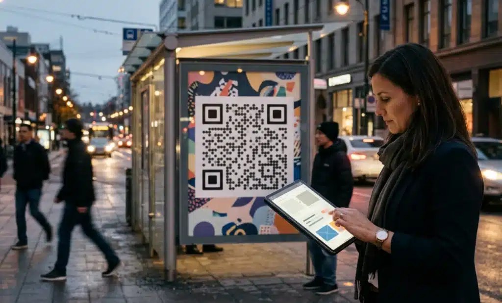 Marketer updating a tablet in front of an unchanged printed QR code poster at dusk