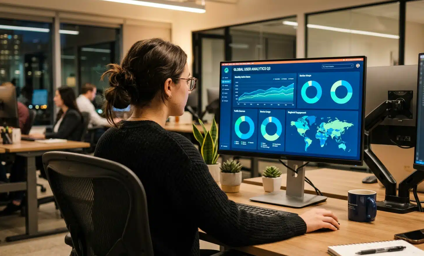 Marketing analyst viewing a real time QR code analytics dashboard on a desktop monitor with device breakdown charts.