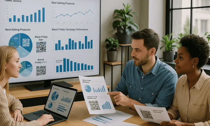 Marketing team analyzing Black Friday sales data and QR code campaign performance on screens and reports