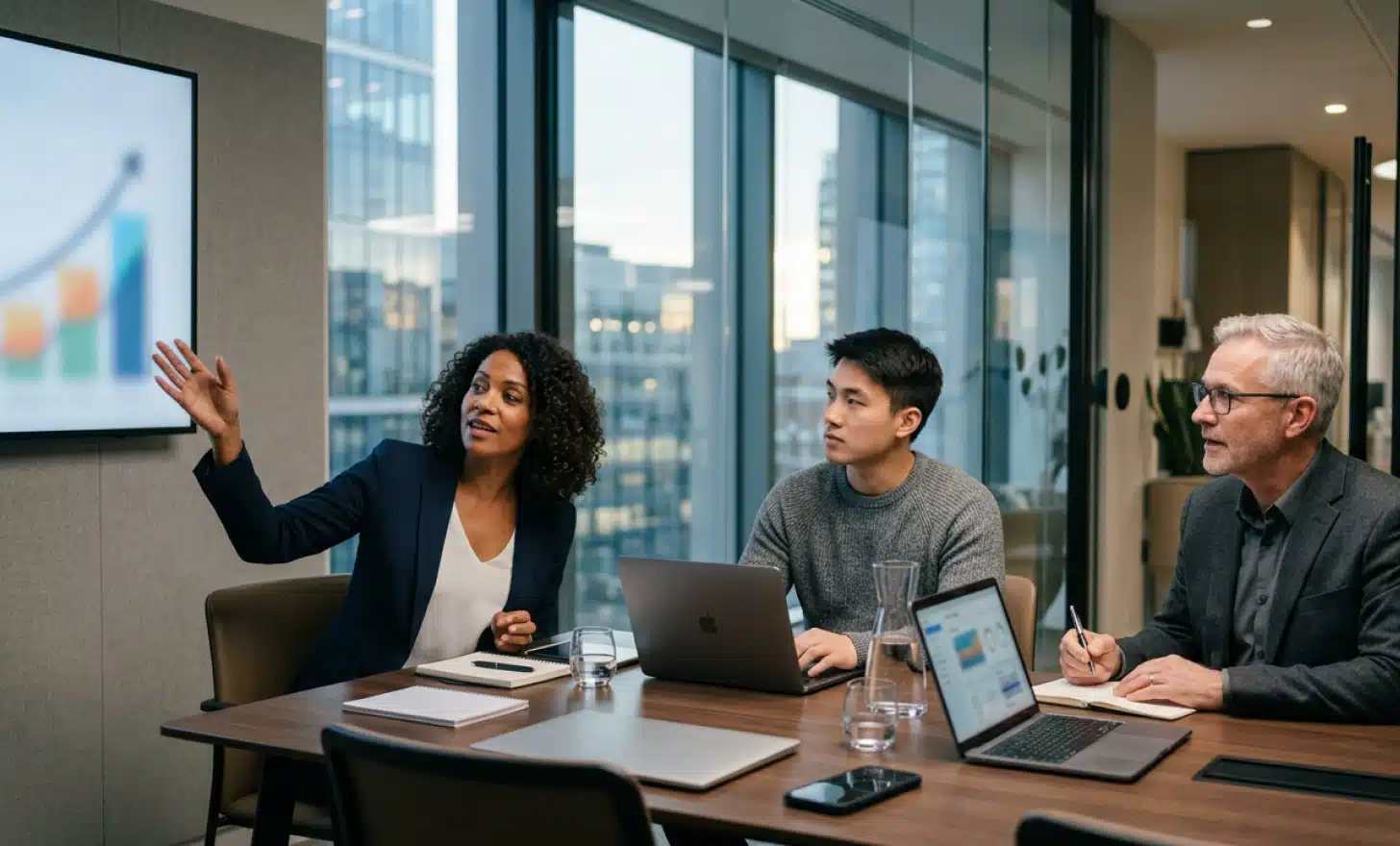 Marketing team discussing engagement strategy around blurred analytics screens
