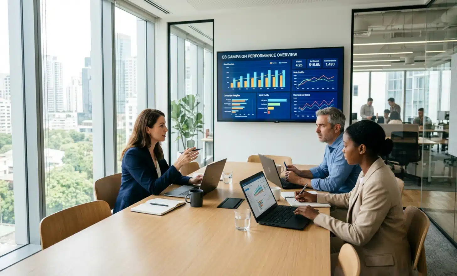 Marketing team in a meeting reviewing campaign results on a large screen