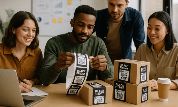 Marketing team preparing Black Friday packaging with dynamic QR codes in an office.