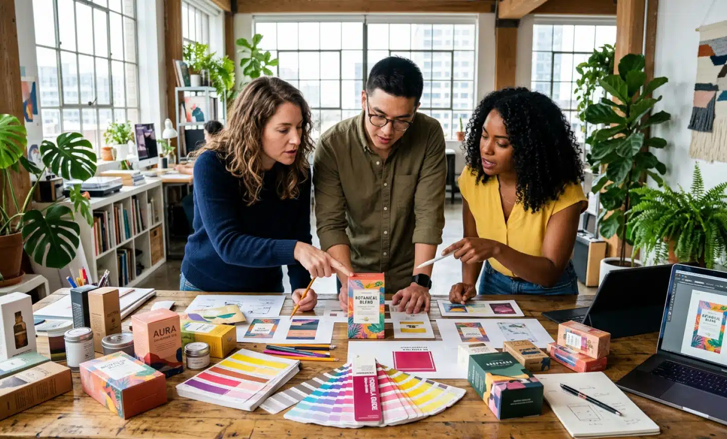 Marketing team reviewing printed packaging mockups on a studio table with color swatches and product samples.