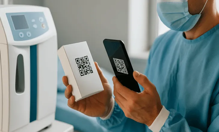 Medical professional scanning a QR code on medical device packaging inside a hospital room