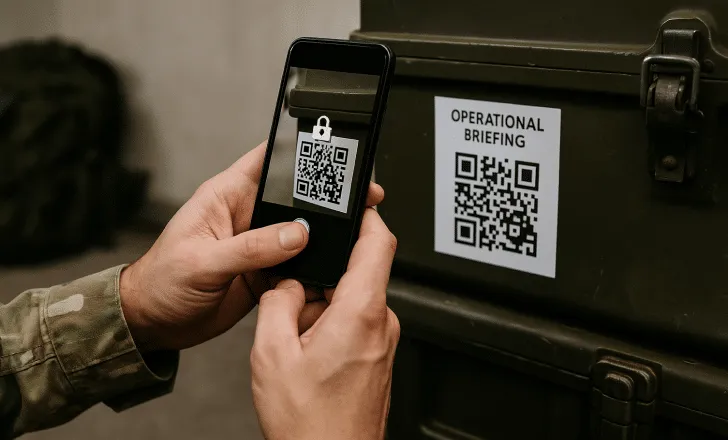 Military personnel scanning a QR code labeled operational briefing on a field case