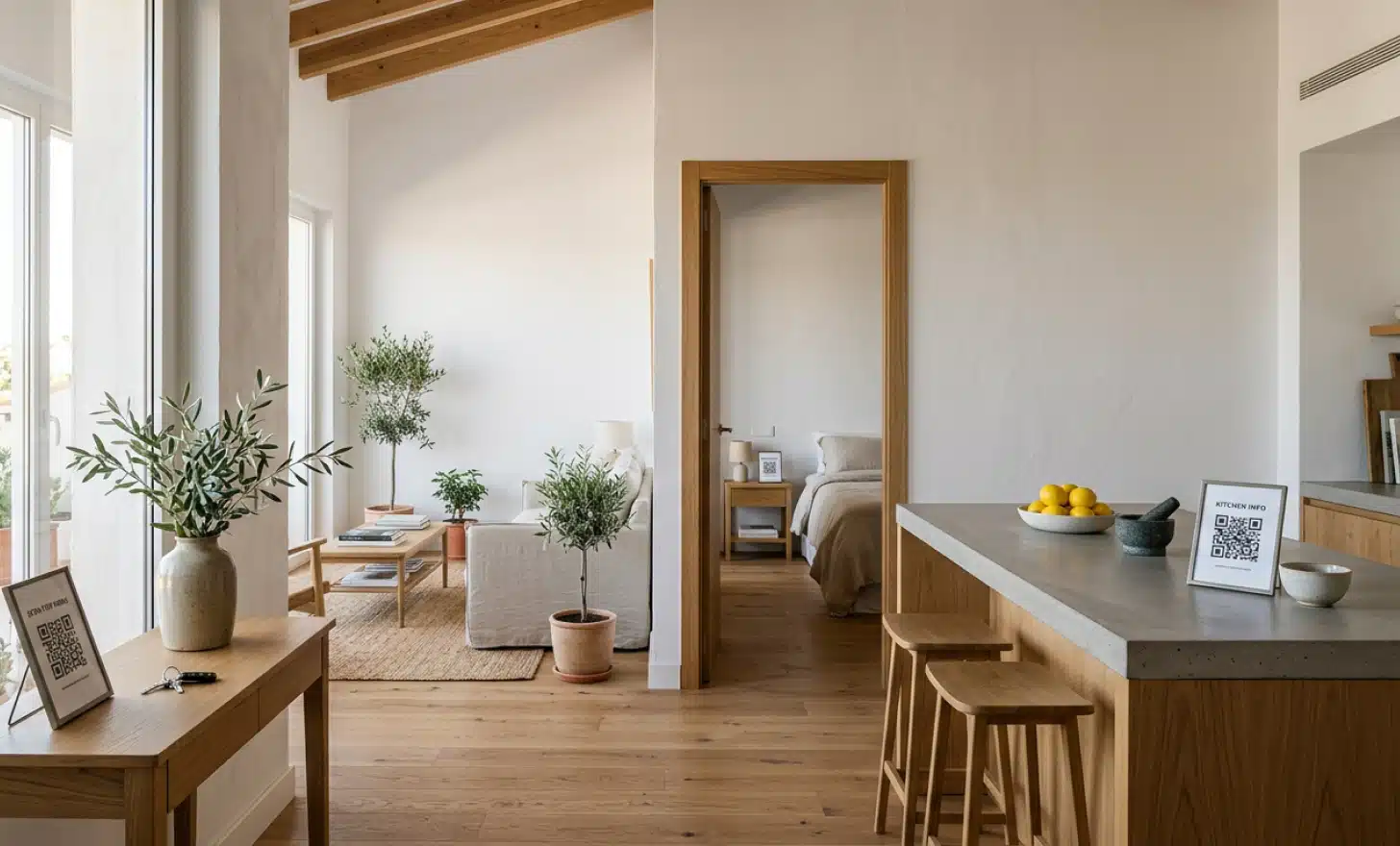 Minimalist apartment interior showing three subtle QR code card placements near the entry, kitchen, and bedroom