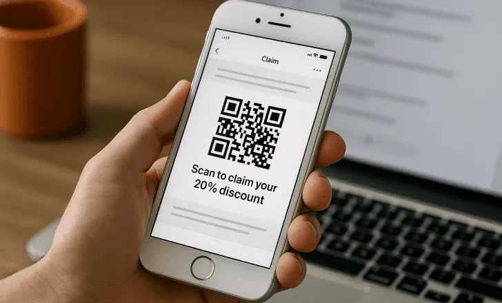 Mobile phone showing an email with a QR code and the text “Scan to claim your 20% discount” in front of a laptop
