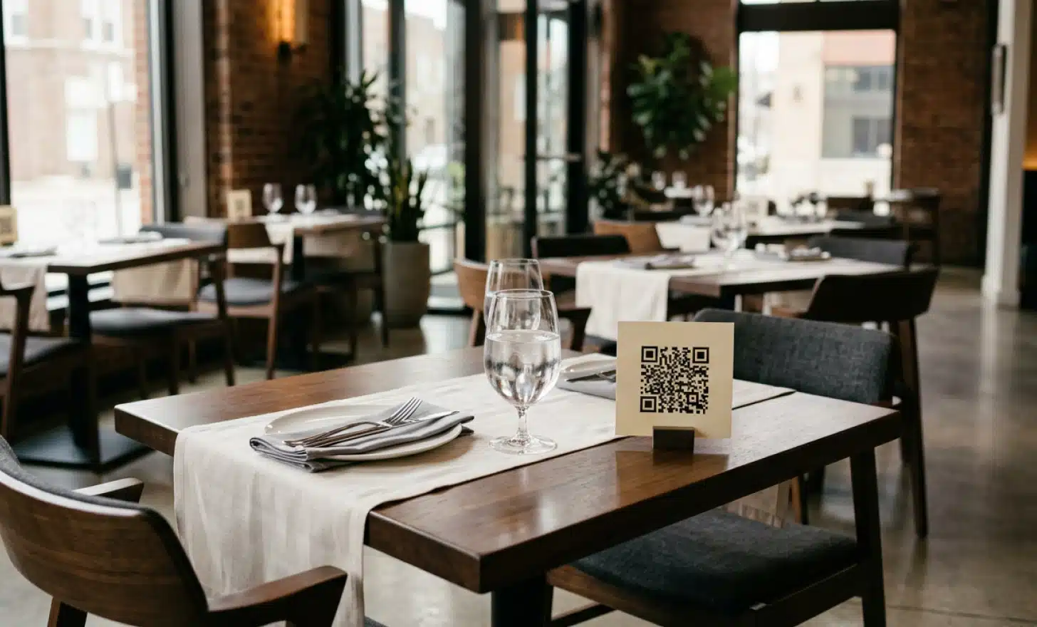 Modern restaurant table setting with a QR code card and ambient lighting