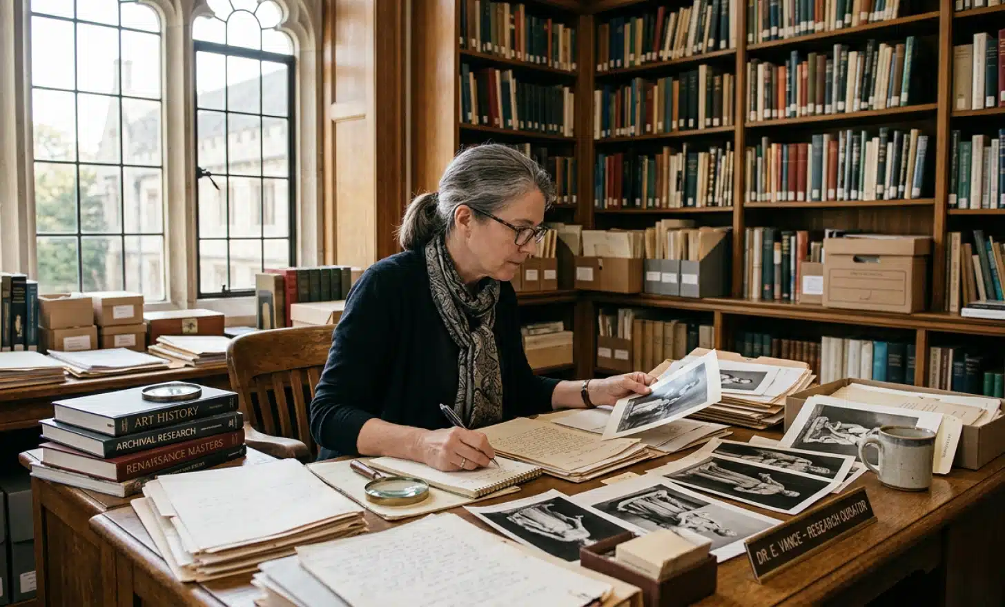 Museum curator reviewing archival documents and research about a collection piece