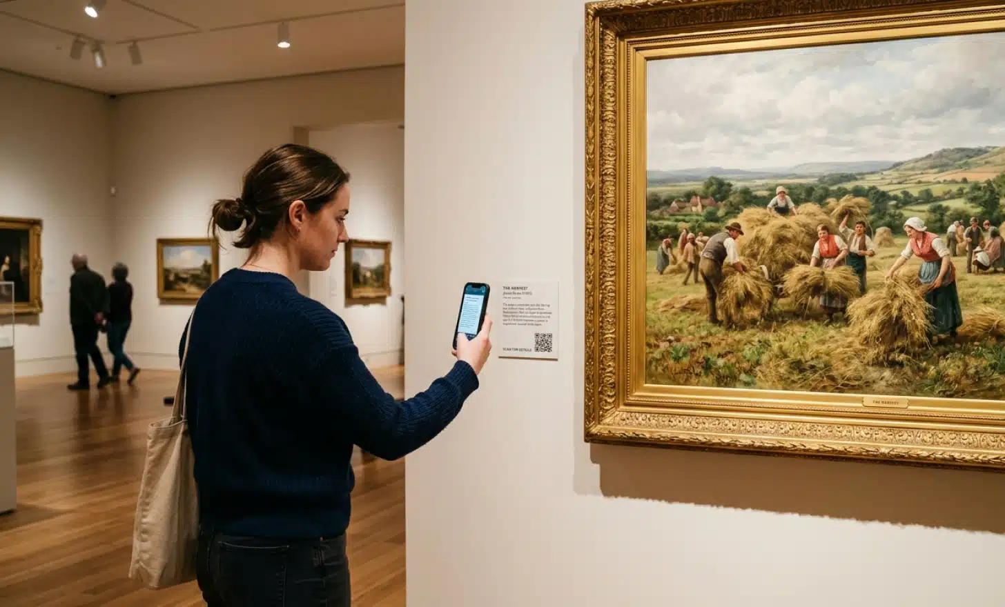 Museum visitor scanning a QR code next to an artwork and reading an AI-generated explanation on their phone
