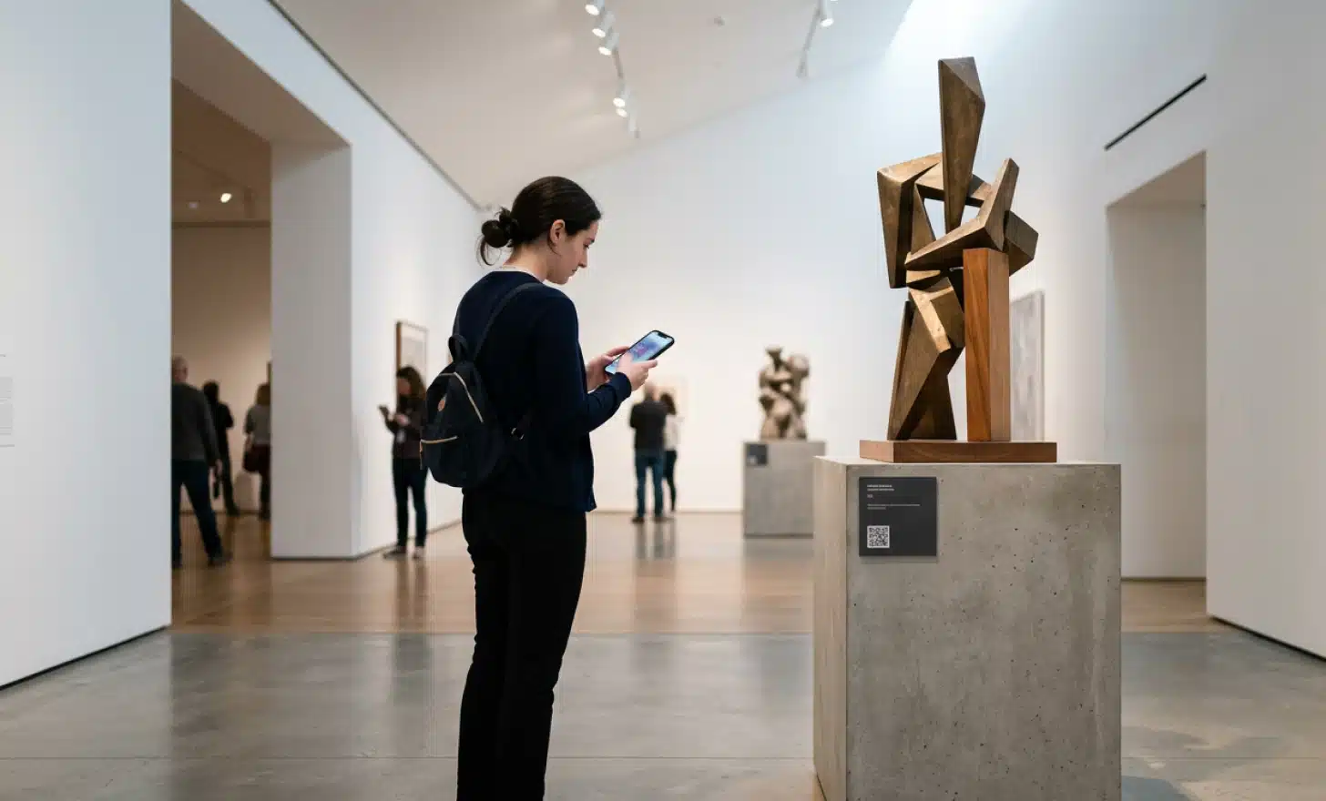 Visitante de museu usando um smartphone para acessar conteúdo complementar por meio de um QR code ao lado de uma obra em exposição.
