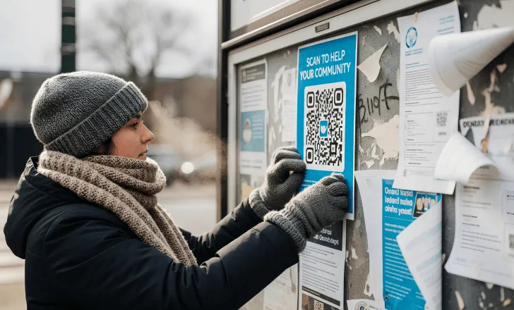 Nonprofit volunteer placing QR codes for a Christmas campaign