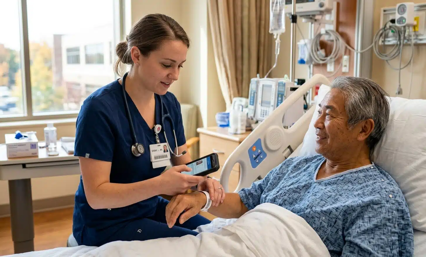 Nurse scanning patient wristband with smartphone at hospital bedside