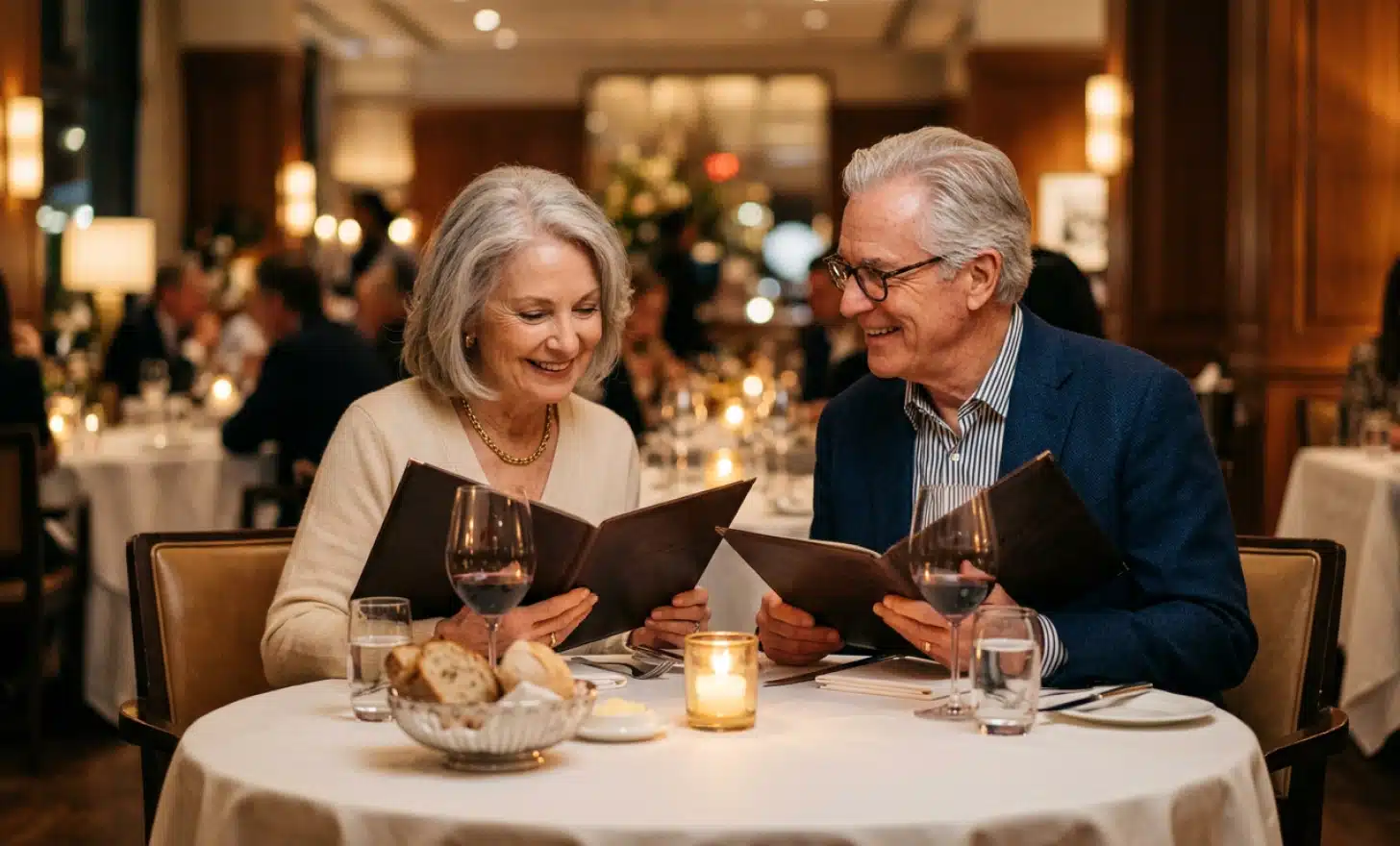 Older couple seated at a restaurant table reading a printed leather-bound menu in warm candlelight.