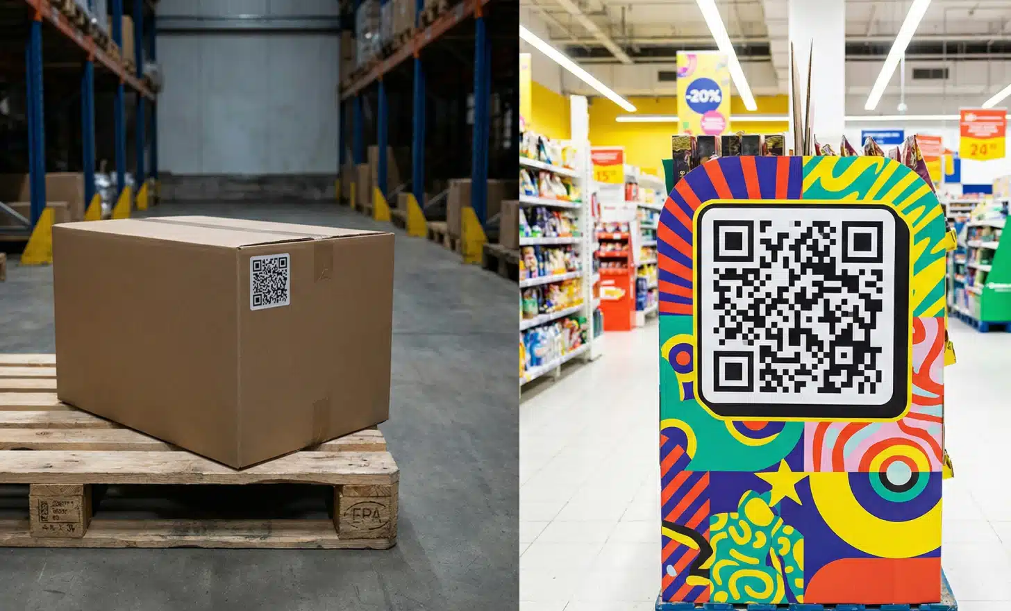 Operational QR code on packaging compared to promotional QR code in retail display