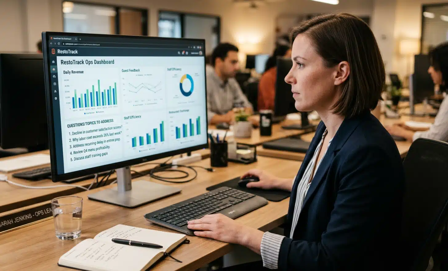 Operations lead reviewing analytics and frequent customer questions on a dashboard.