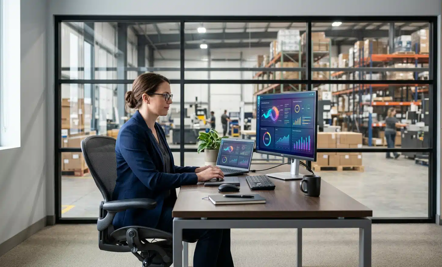 Operations manager updating product information on a laptop in a warehouse office