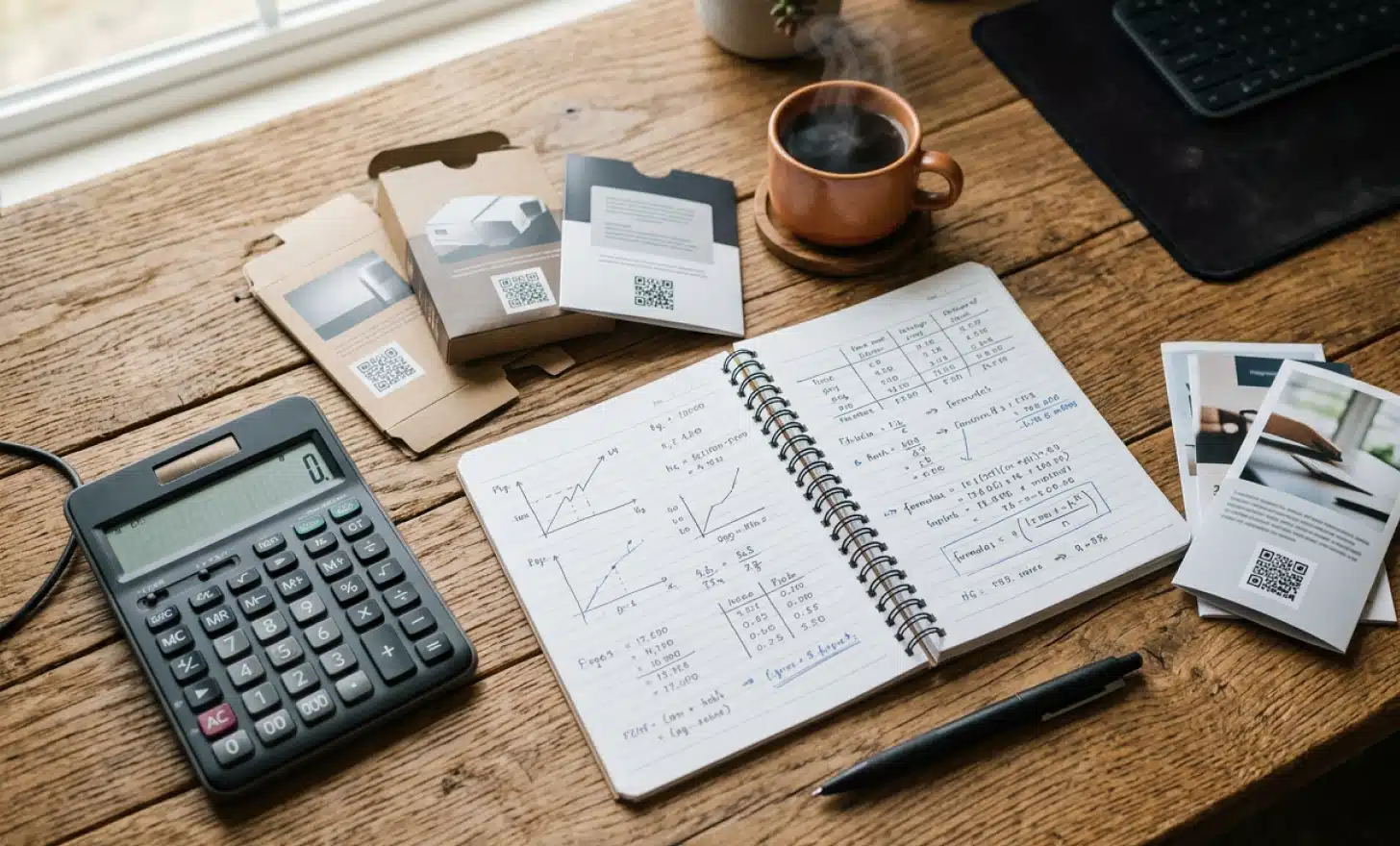 Overhead view of a desk with a calculator, cost notes and printed packaging samples with QR codes