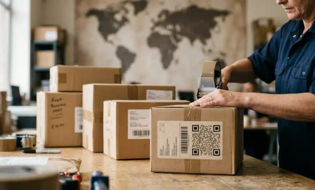 Parcels being prepared for international shipping on a sorting table with a blurred world map behind