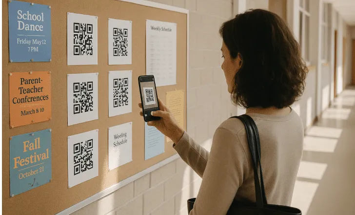 Parent scanning a QR code on a school bulletin board with event flyers