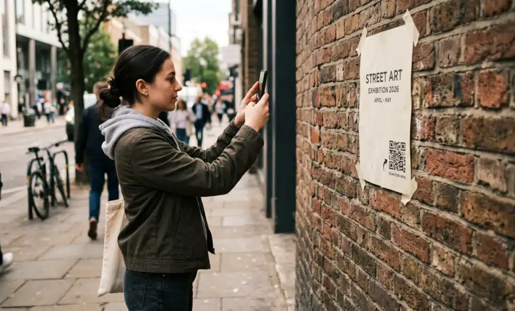 Passerby scanning a plain QR code flyer taped to a brick wall on the street.