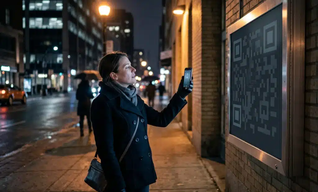 Pedestrian struggling to scan a dimly lit low contrast advertising panel at night