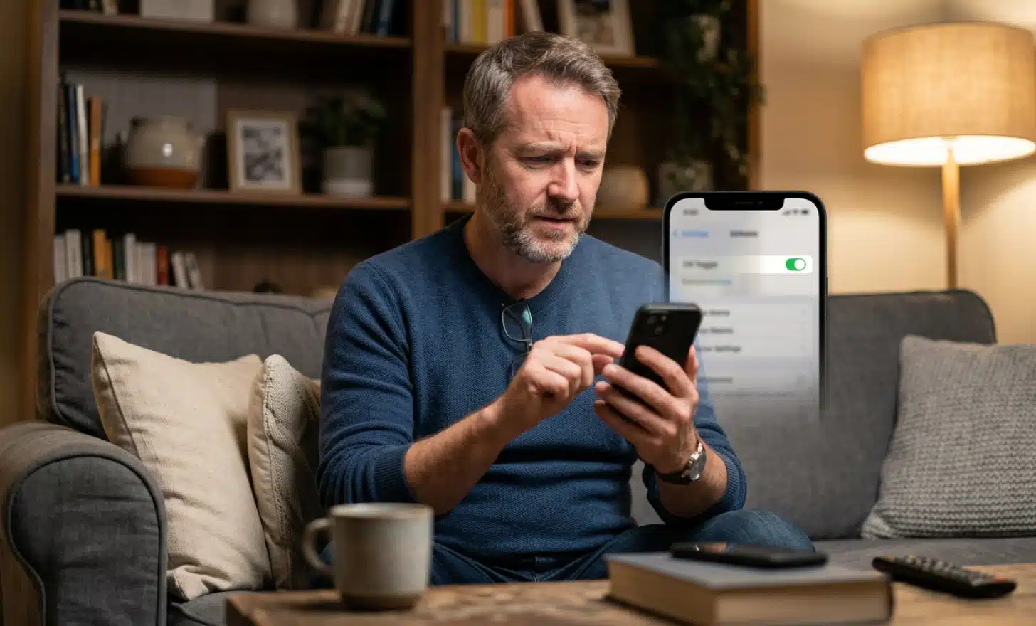 Person adjusting iPhone settings on a sofa to enable QR code scanning