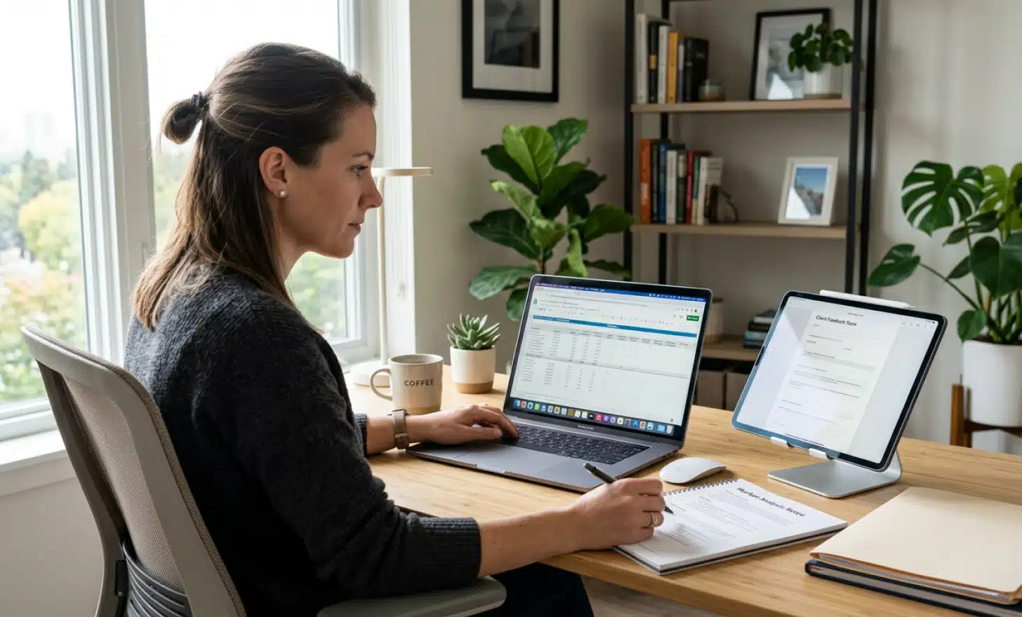 Person at a desk reviewing content documents on a laptop and tablet