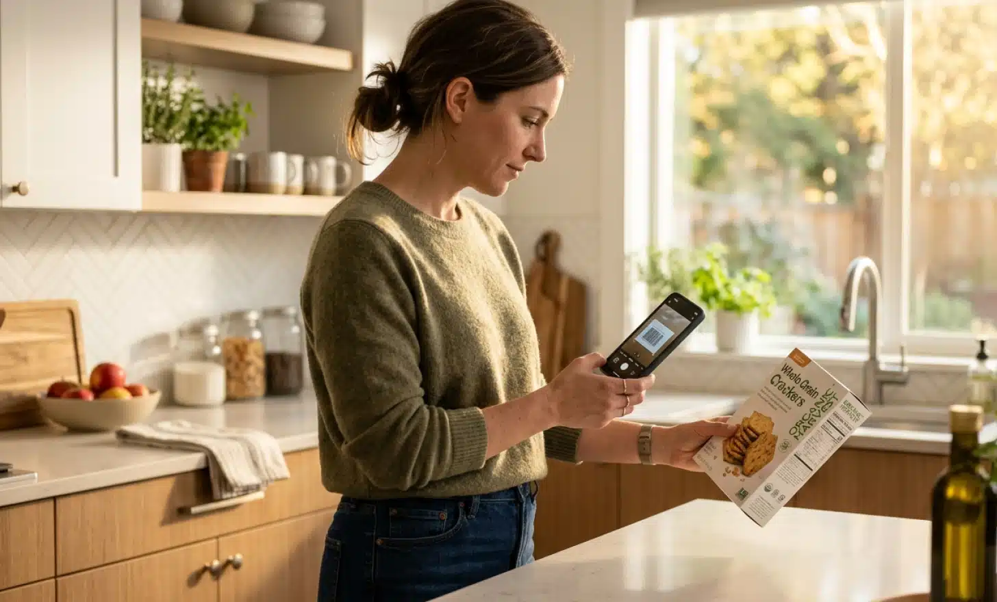 Person at a kitchen counter scanning a food product with a smartphone in natural sunlight.