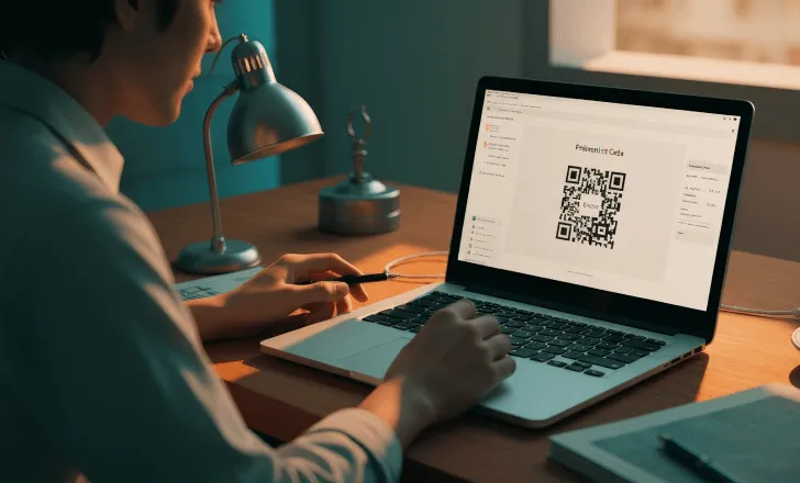 Pessoa a criar um código QR para conta bancária no portátil