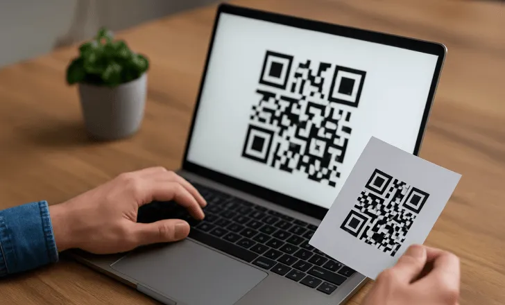 Pessoa criando um código QR em um laptop enquanto segura uma versão impressa sem texto visível