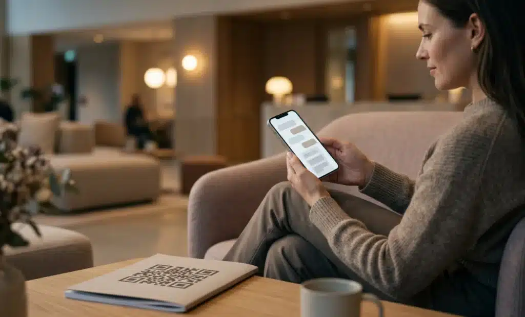 Person having a conversation on a smartphone screen with chat bubble shapes after scanning a document code