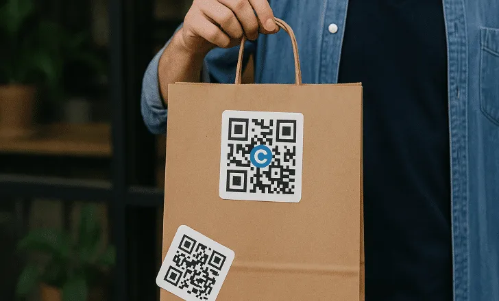 Person holding a brown shopping bag with a QR code sticker at the center