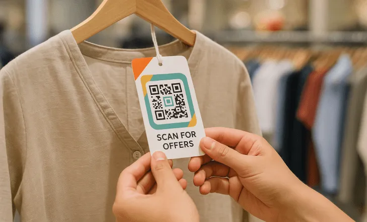 Person holding a clothing tag with a custom QR code offering promotions, attached to a beige dress.