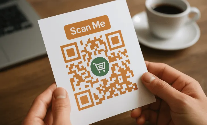 Persona sosteniendo una tarjeta personalizada con código QR, ícono de carrito de compras y la etiqueta Escanéame sobre un escritorio de madera
